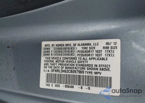 2012 Honda Odyssey Ex-L z USA, uszkodzony, nr VIN 5FNRL5H62CB097969